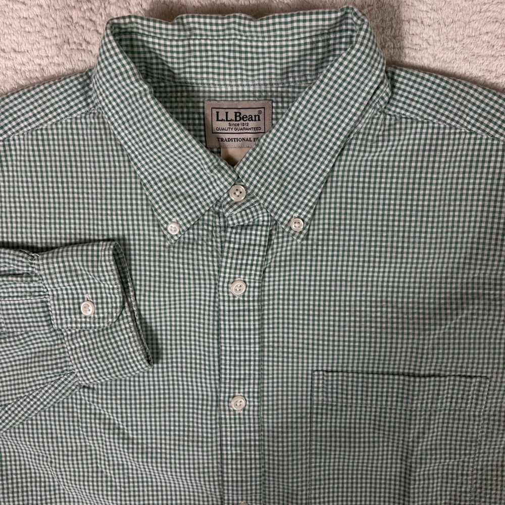 LL Bean Mens Large Green Gingham Button Down Shirt Traditional Fit 100% Cotton